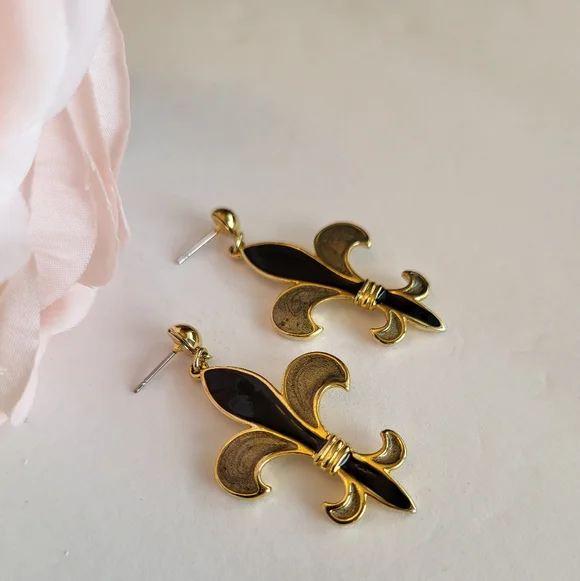 Fleur De Lis Drop Earrings Black Gold Enamel Mardi Gras Saints Fan Jewelry 2" - Picture 6 of 11